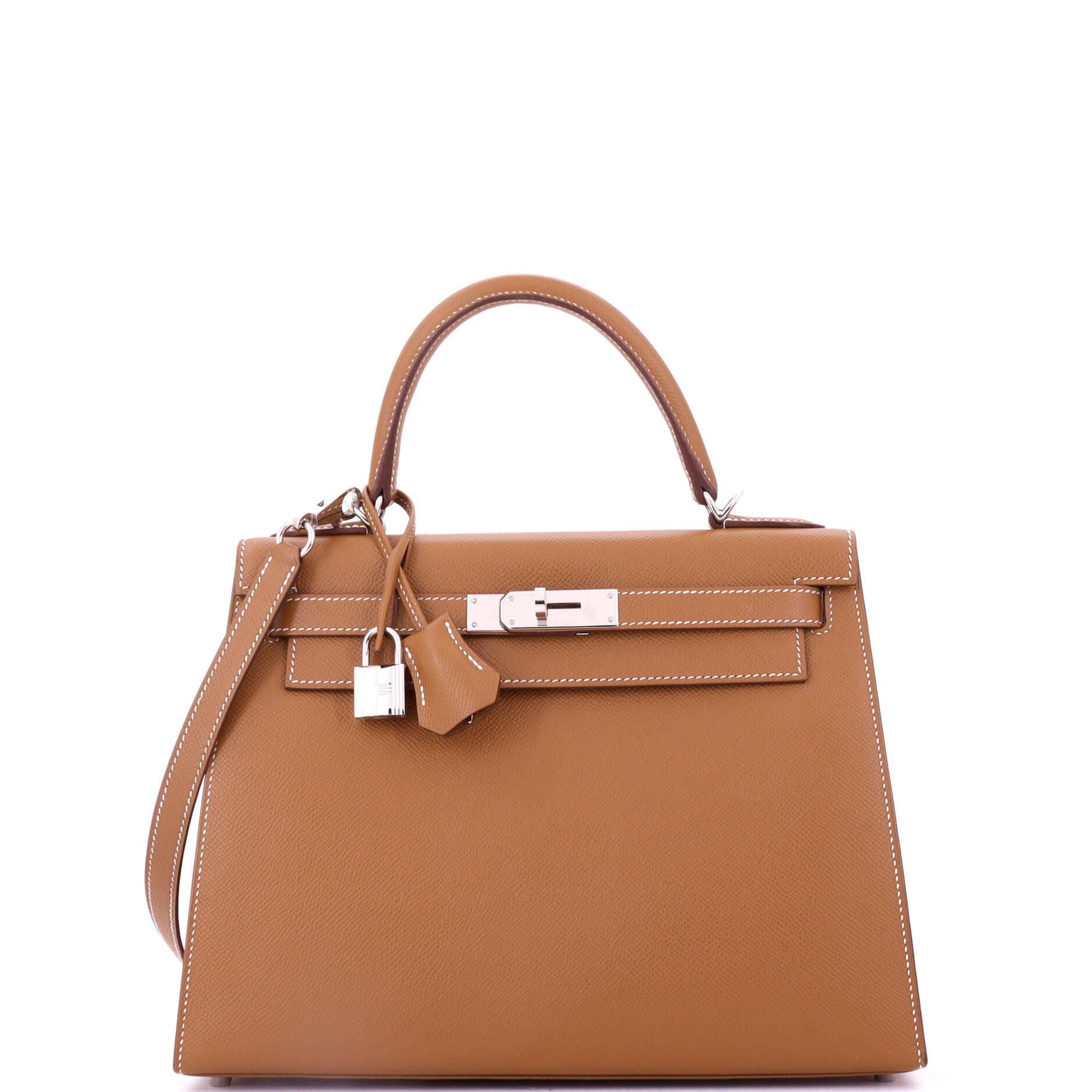 Pre-Owned Hermes Kelly Handbag Brown Epsom with Palladium Hardware 28, Main, color, 