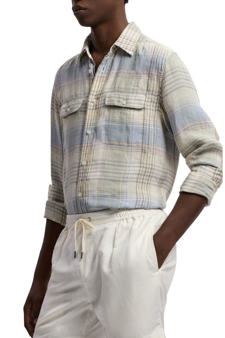 Plaid Linen Button-Up Shirt, Alternate, color, INFINITY BLUE