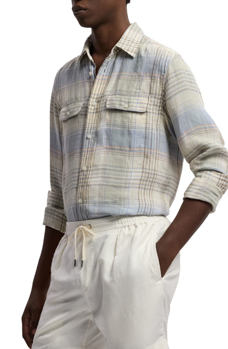 Ralph Lauren Purple Label Plaid Linen Button-Up Shirt, Alternate, color, Infinity Blue