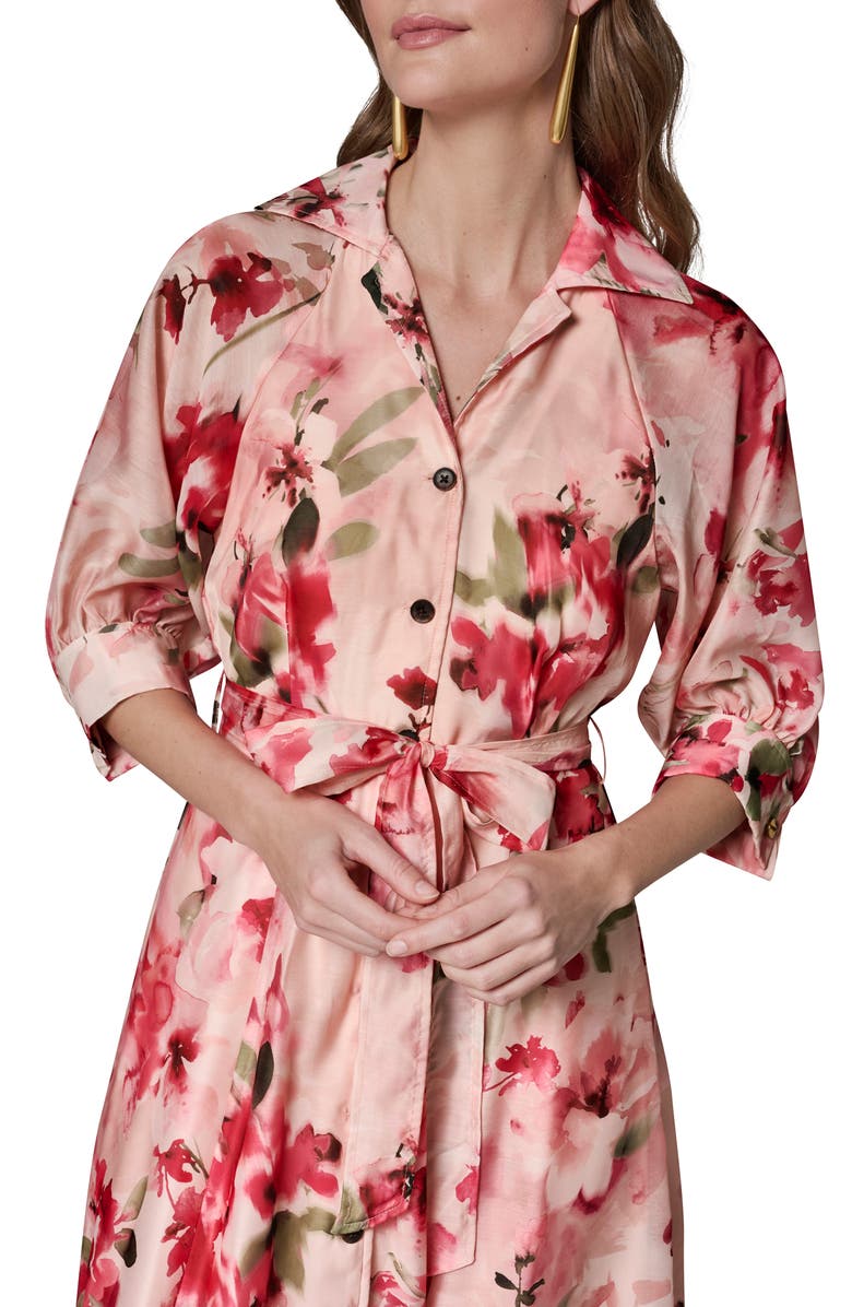 Donna Karan New York Floral Print Tie Waist Midi Shirtdress, Alternate, color, Geranium Multi
