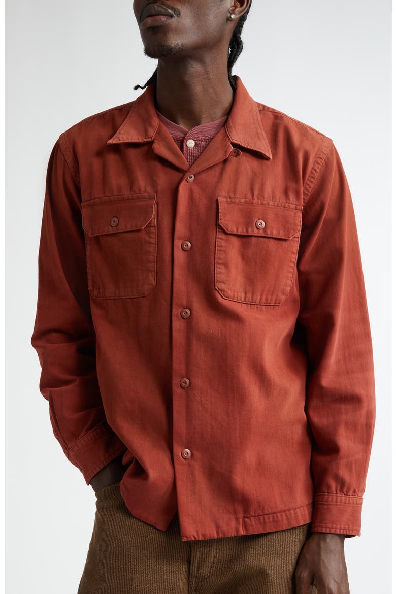 Garment Dye Long Sleeve Cotton Twill Camp Shirt, Alternate, color, BRICK