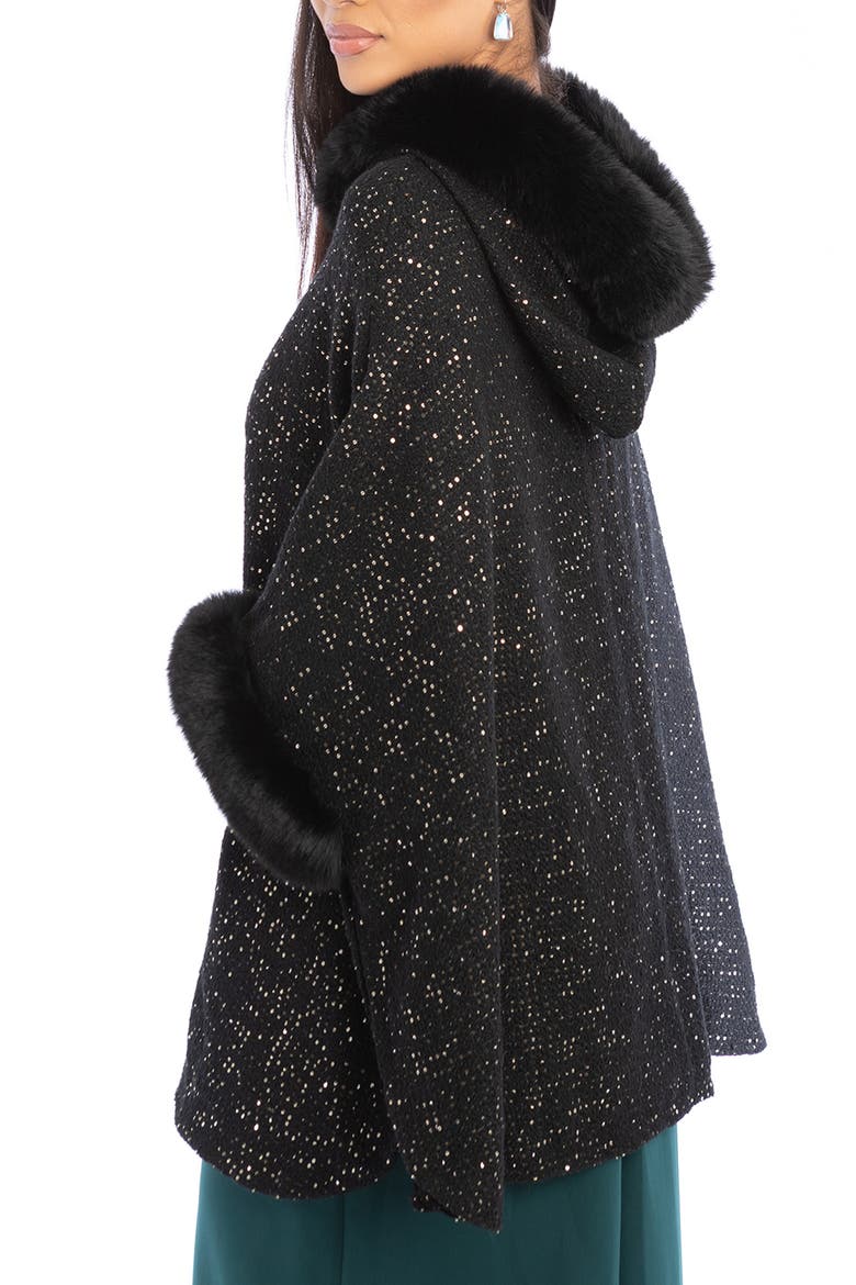 Stars Faux Fur Trim Hooded Ruana, Alternate, color, BLACK
