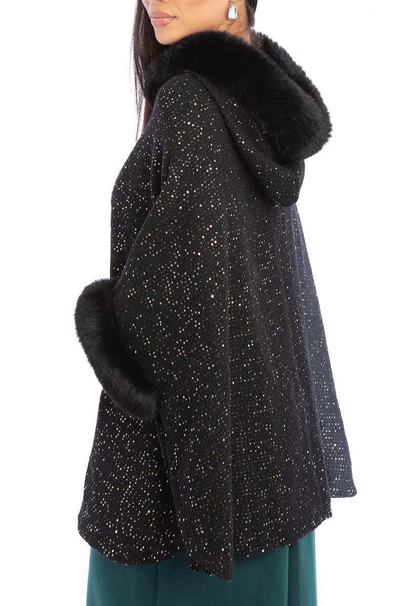 SAACHI Stars Faux Fur Trim Hooded Ruana, Alternate, color, Black