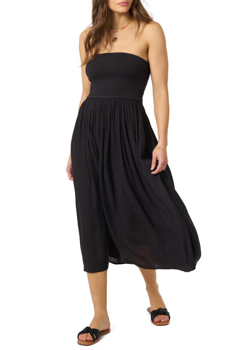 Piper Smocked Strapless Midi Dress, Main, color, BLACK