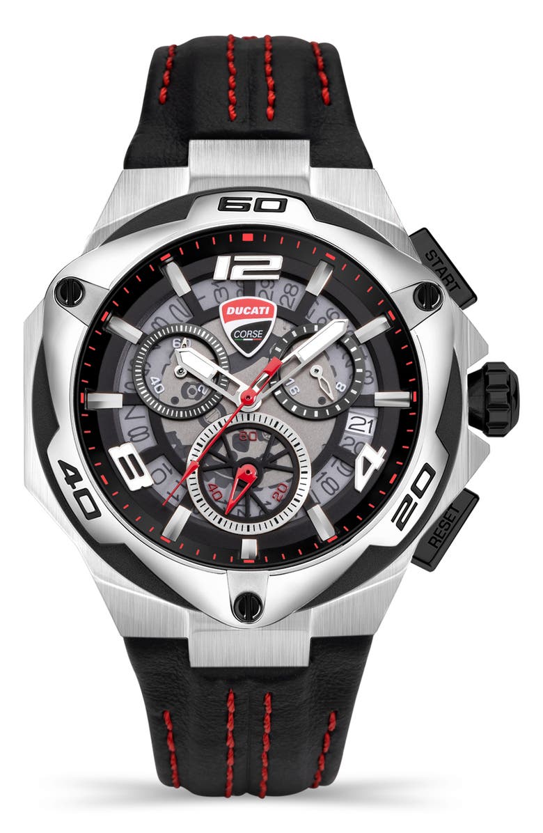 Ducati Corse Motore Leather Strap Chronograph Watch, 49mm x 56mm, Main, color,