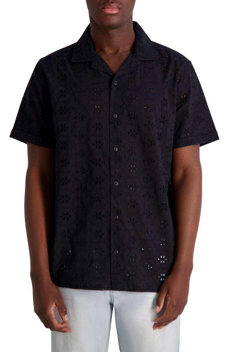 KARL LAGERFELD PARIS Eyelet Camp Shirt, Main, color, Black