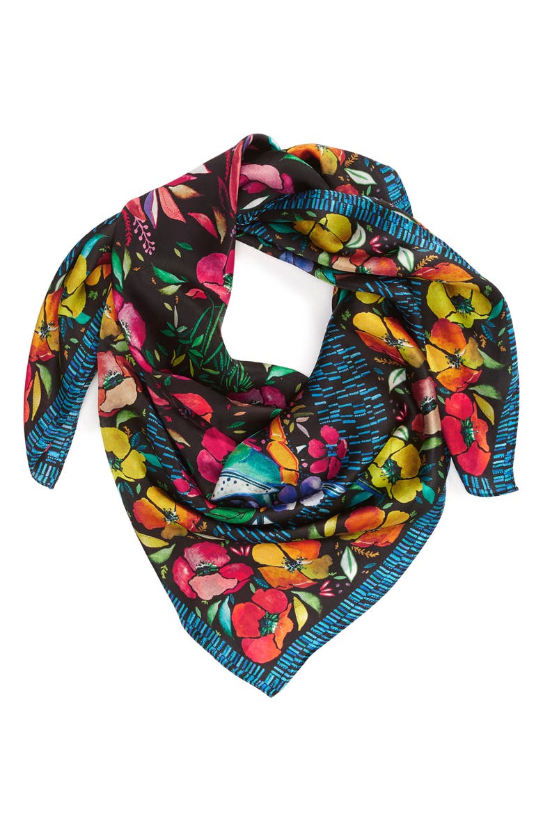 Echo Parakeet Floral Square Silk Scarf, Alternate, color, 
