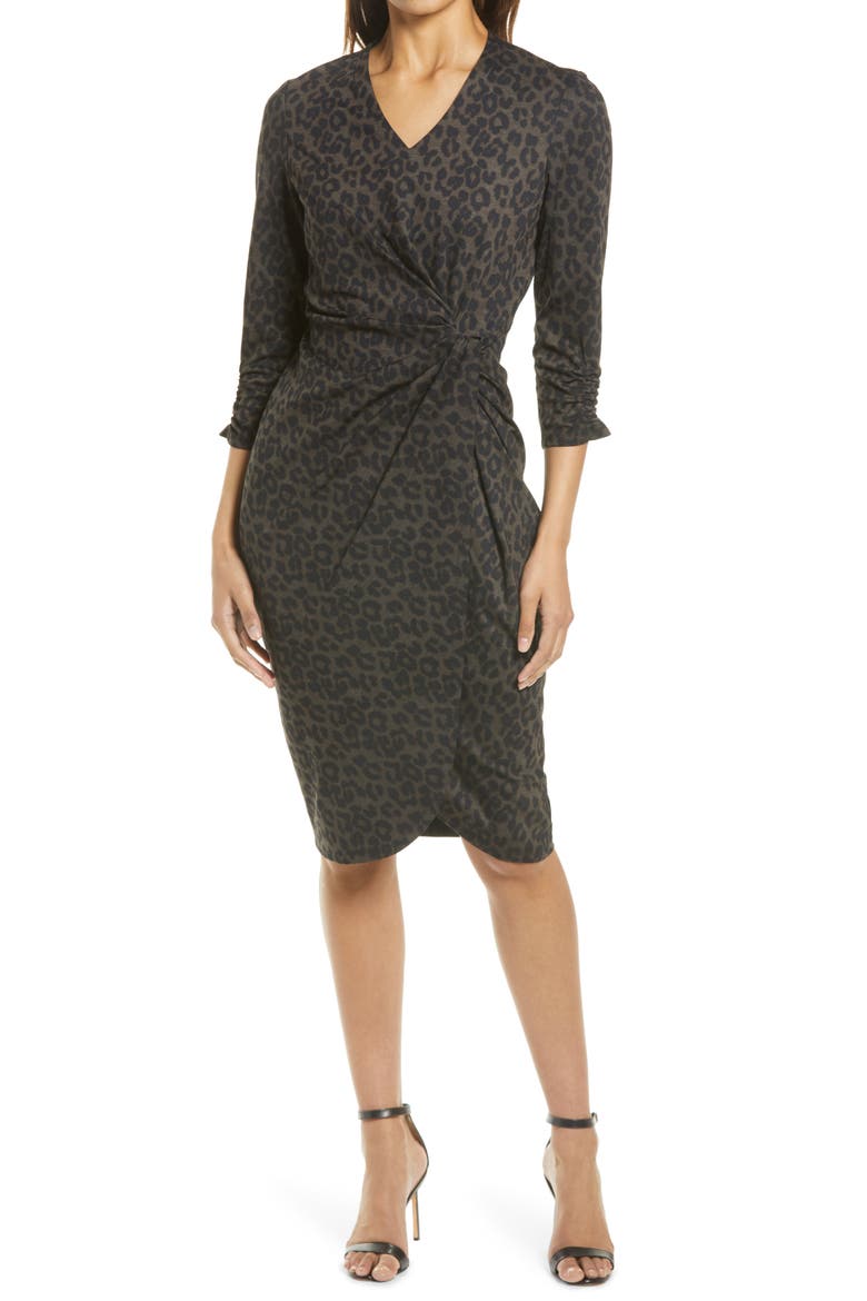 Plaid V-Neck Sheath Dress, Main, color, LEOPARD