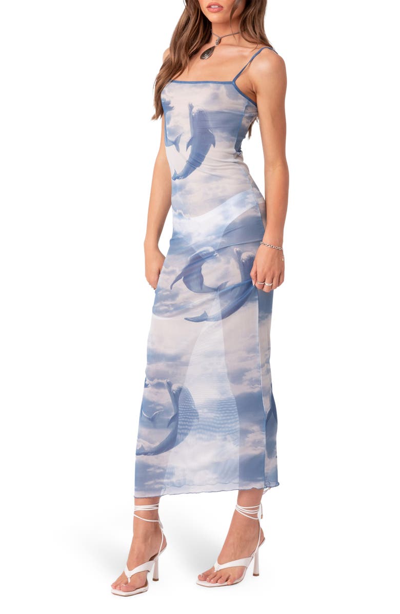 EDIKTED Dolphin Print Sheer Mesh Slipdress, Alternate, color,