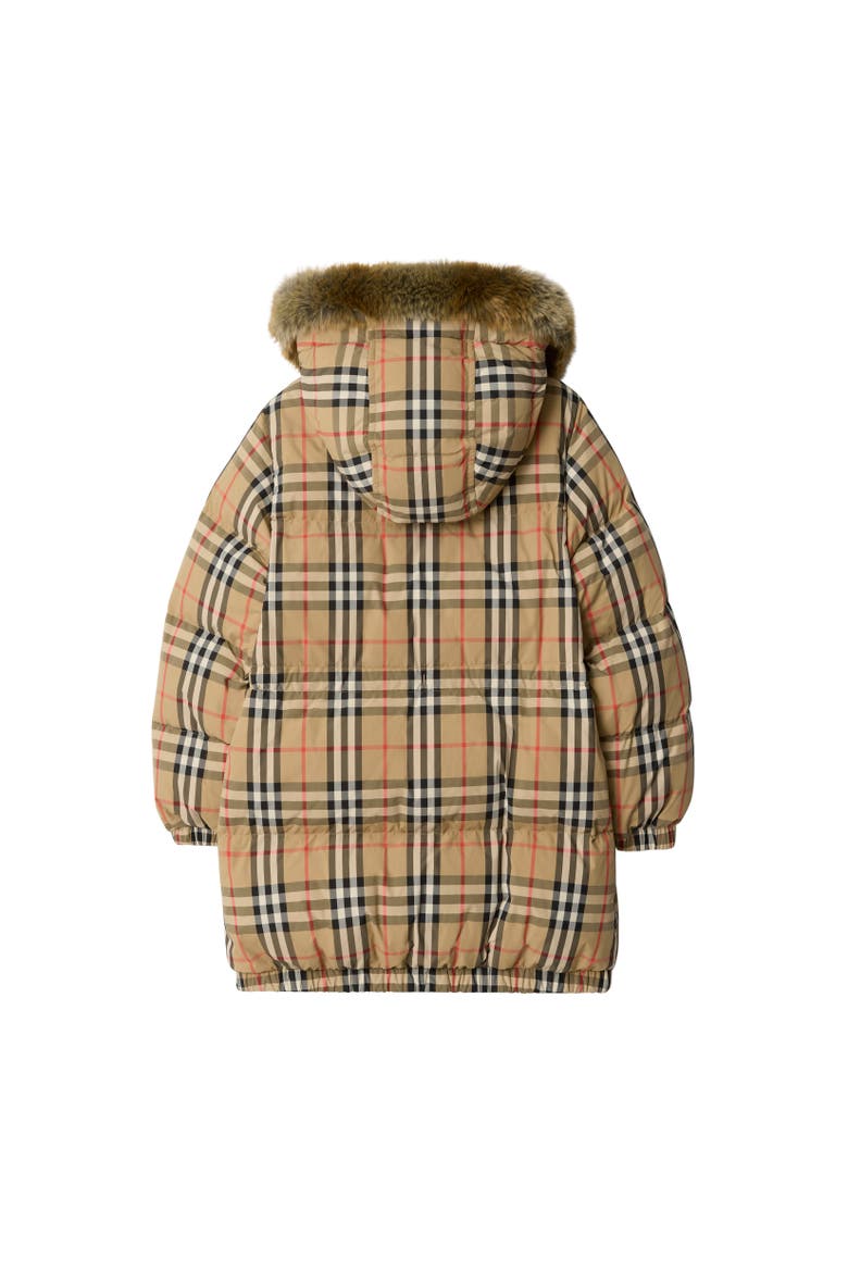 Faux Fur Trim Check Nylon Puffer Coat, Alternate, color, Sand beige