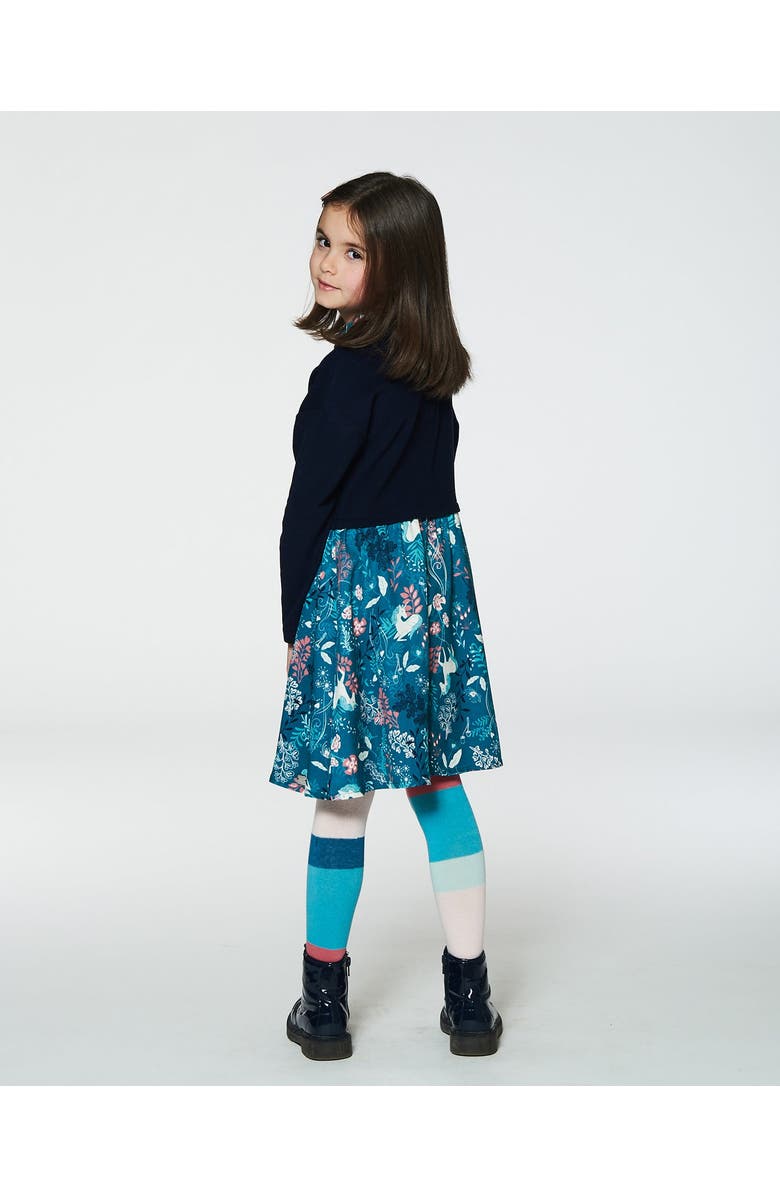 Deux par Deux Little Girl's Bi-Material Long Sleeve Dress Turquoise Printed Fairy Unicorn, Alternate, color, 