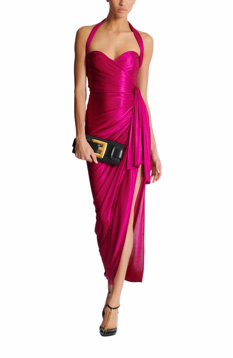 Balmain Flowing Draped Interlock Jersey Dress, Alternate, color,