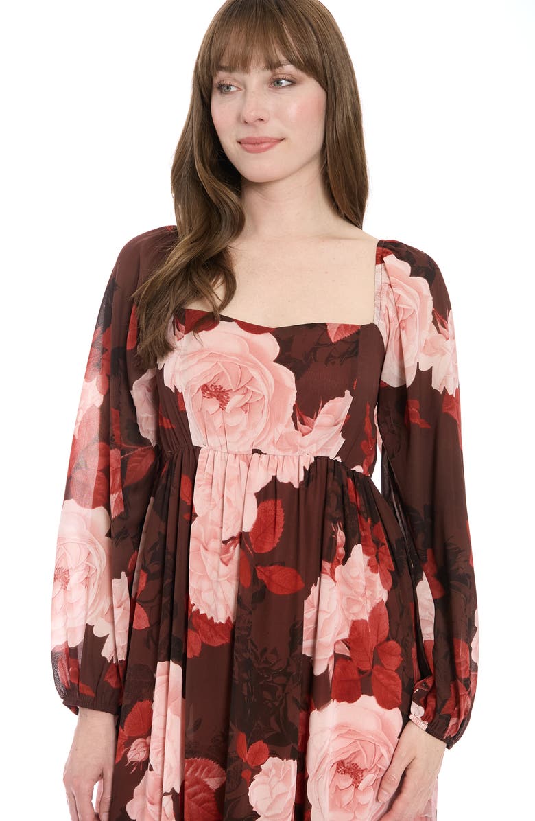 London Times Bishop Sleeve Smocked Back Maxi Dress, Alternate, color, Chocolate/ Blush