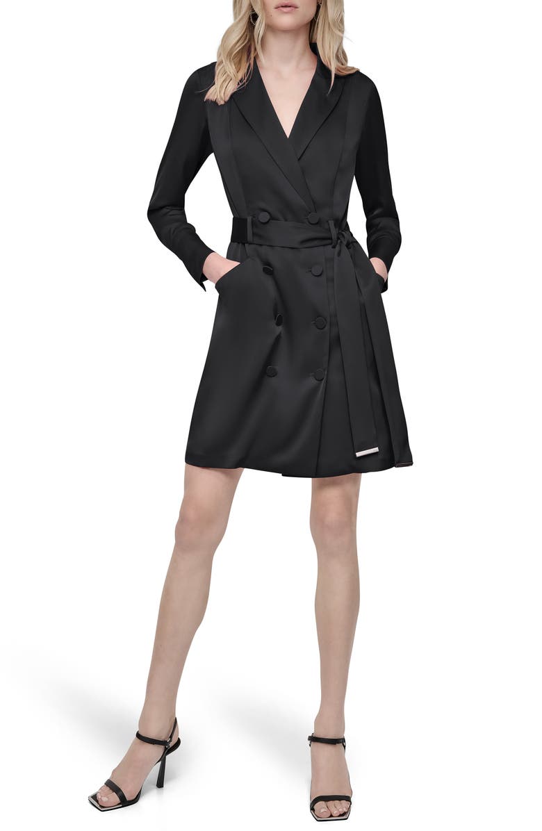 DKNY Long Sleeve Double Breasted Trench Dress, Main, color, Black