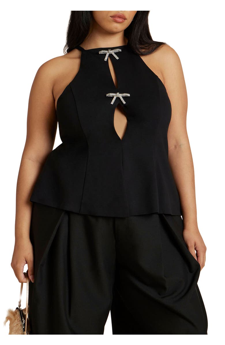 ELOQUII Bow Detail Halter Top, Main, color, Black Onyx