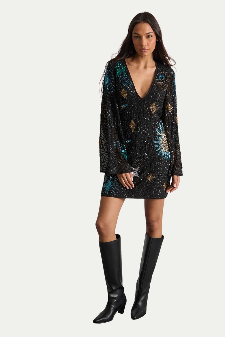 Celestial Sequin Embellished Mini Dress, Alternate, color, Black