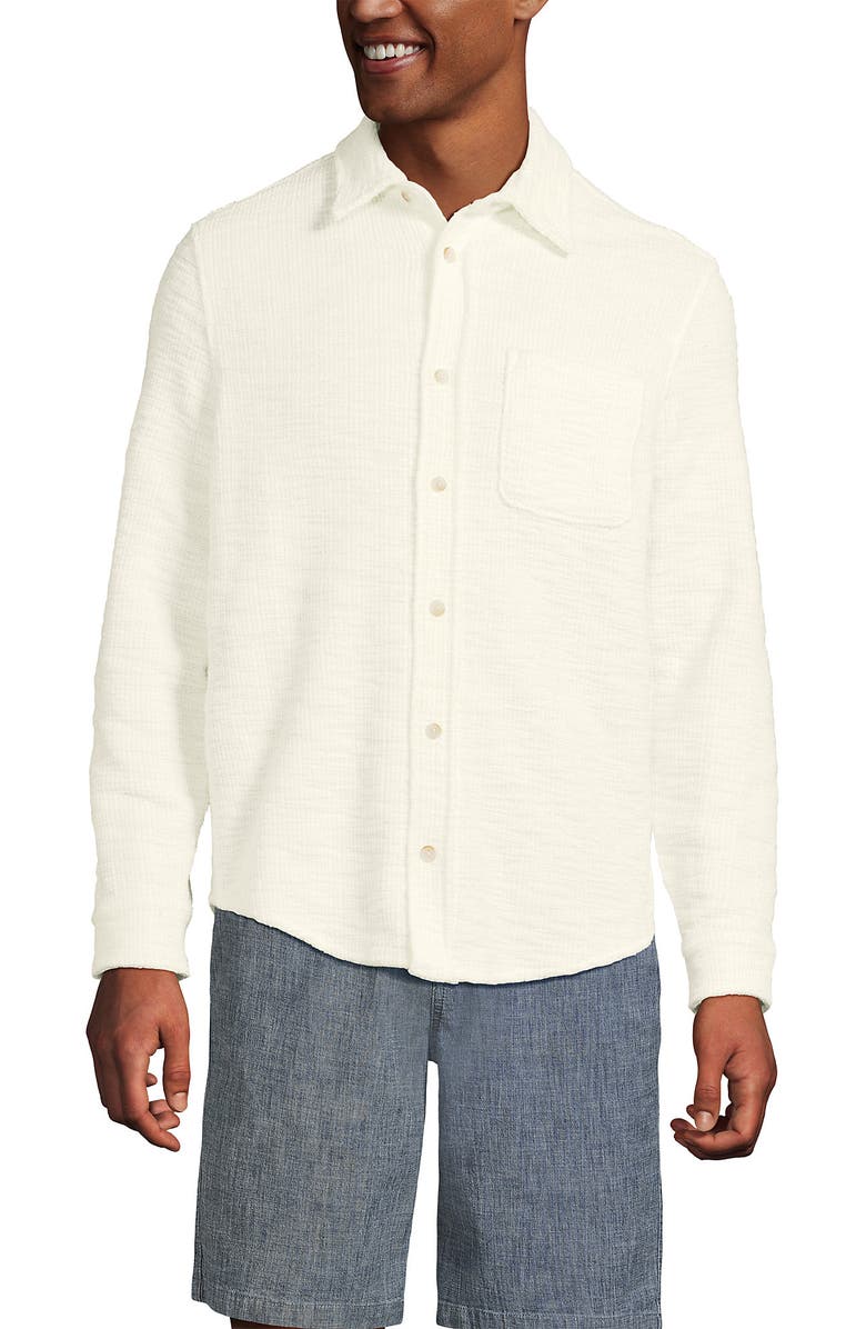 Lands' End Long Sleeve Knit Boucle Button Through Shirt, Main, color, Classic Vanilla