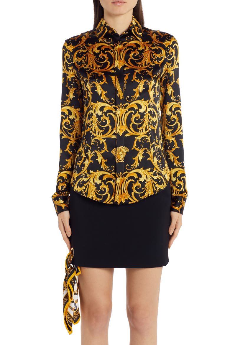 V-Barocco Print Stretch Silk Blouse, Main, color, BLACK/GOLD