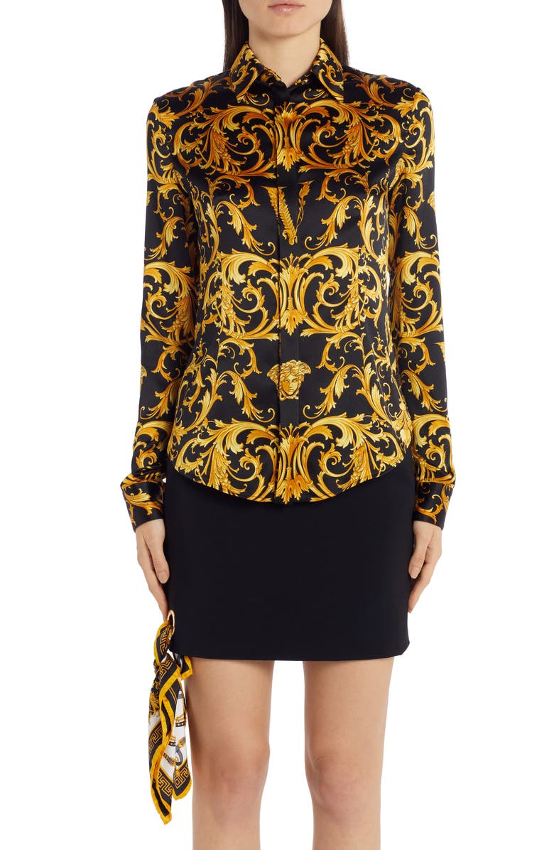 Versace V-Barocco Print Stretch Silk Blouse, Main, color,