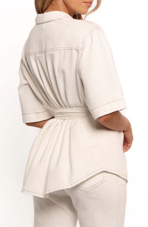 Petal And Pup Petal & Pup Lepal Belted Denim Short Sleeve Button-up Shirt In White