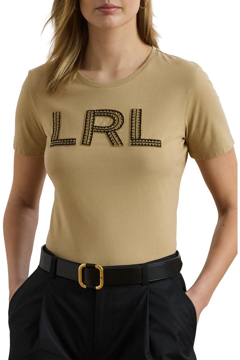 Embellished Cotton Jersey T-Shirt, Main, color, BIRCH TAN