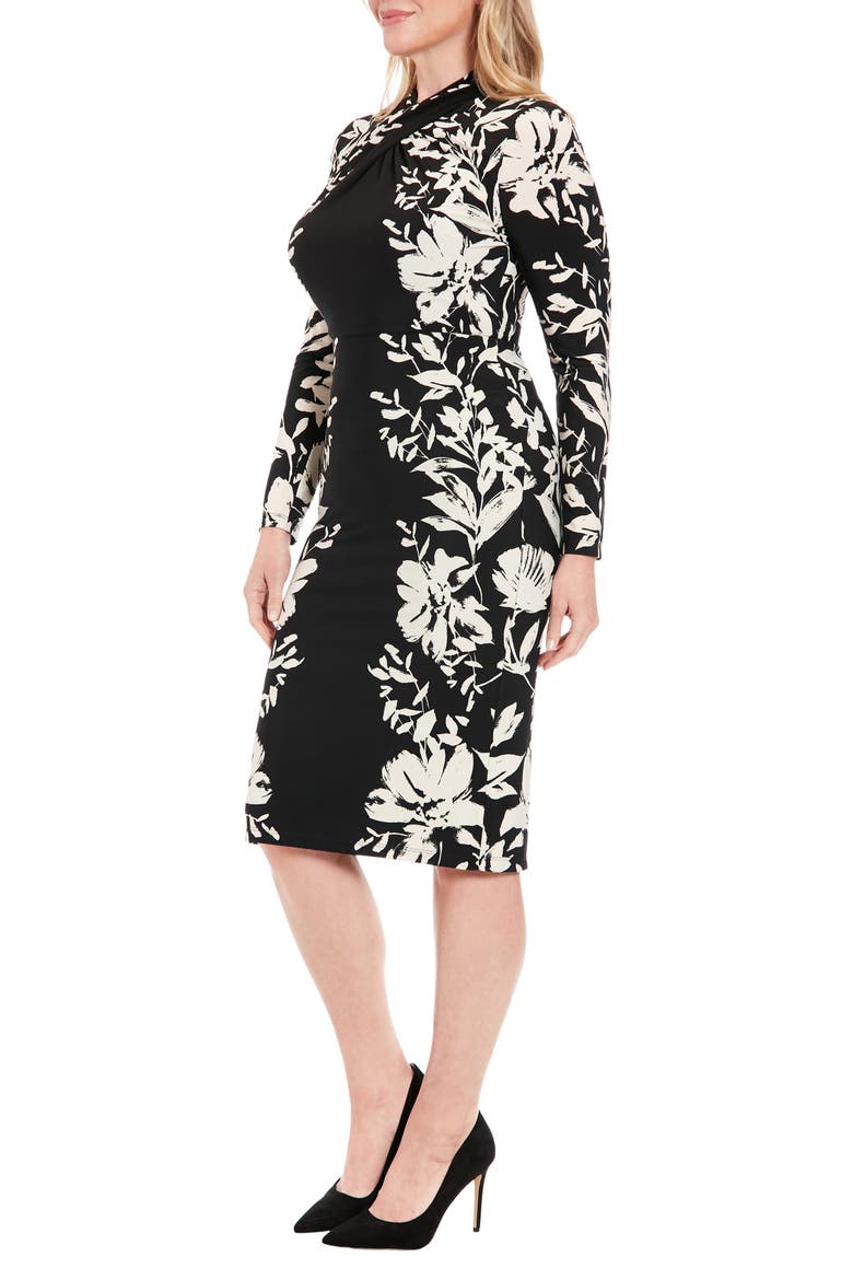 Floral Crisscross Neck Long Sleeve Midi Dress, Alternate, color, BLACK/ CREAM