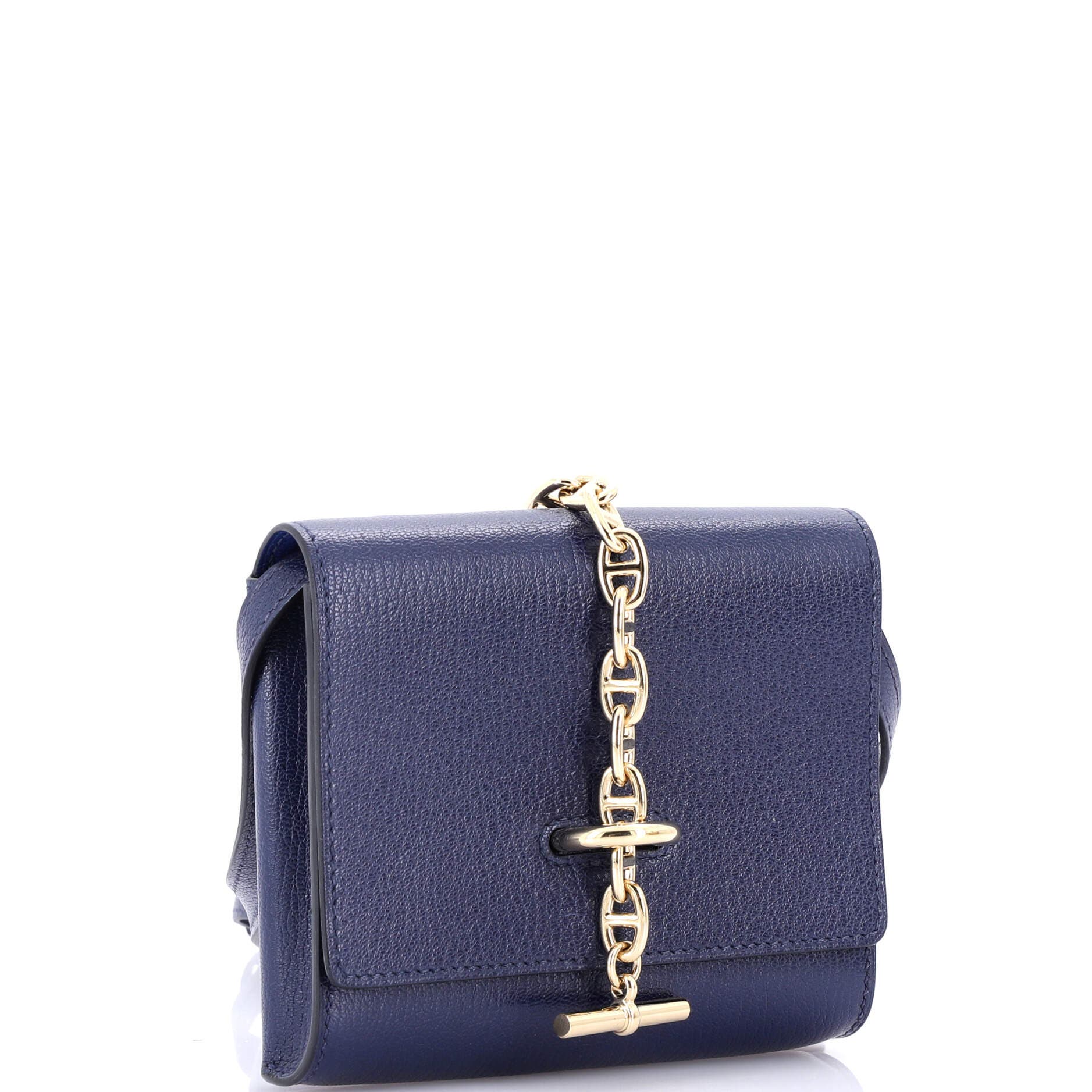 Pre-Owned Hermes Chaine d'Ancre Compact Wallet on Strap Chevre Mysore, Alternate, color, Bleu Nuit