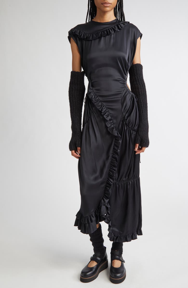 Meruert Tolegen Liquid Cutout Drape Satin Dress, Main, color, Black