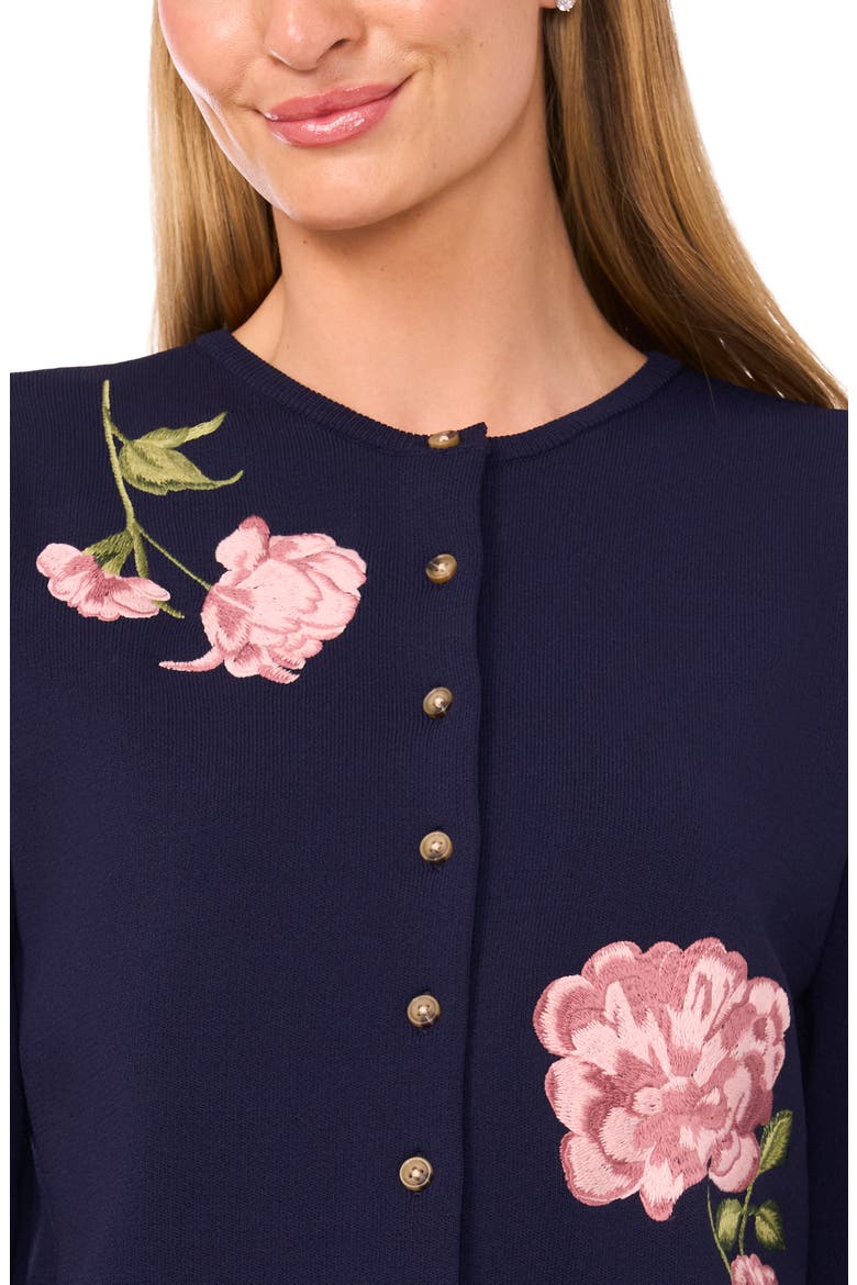 Placed Floral Embroidery Crewneck Cardigan, Alternate, color, BARITONE BLUE