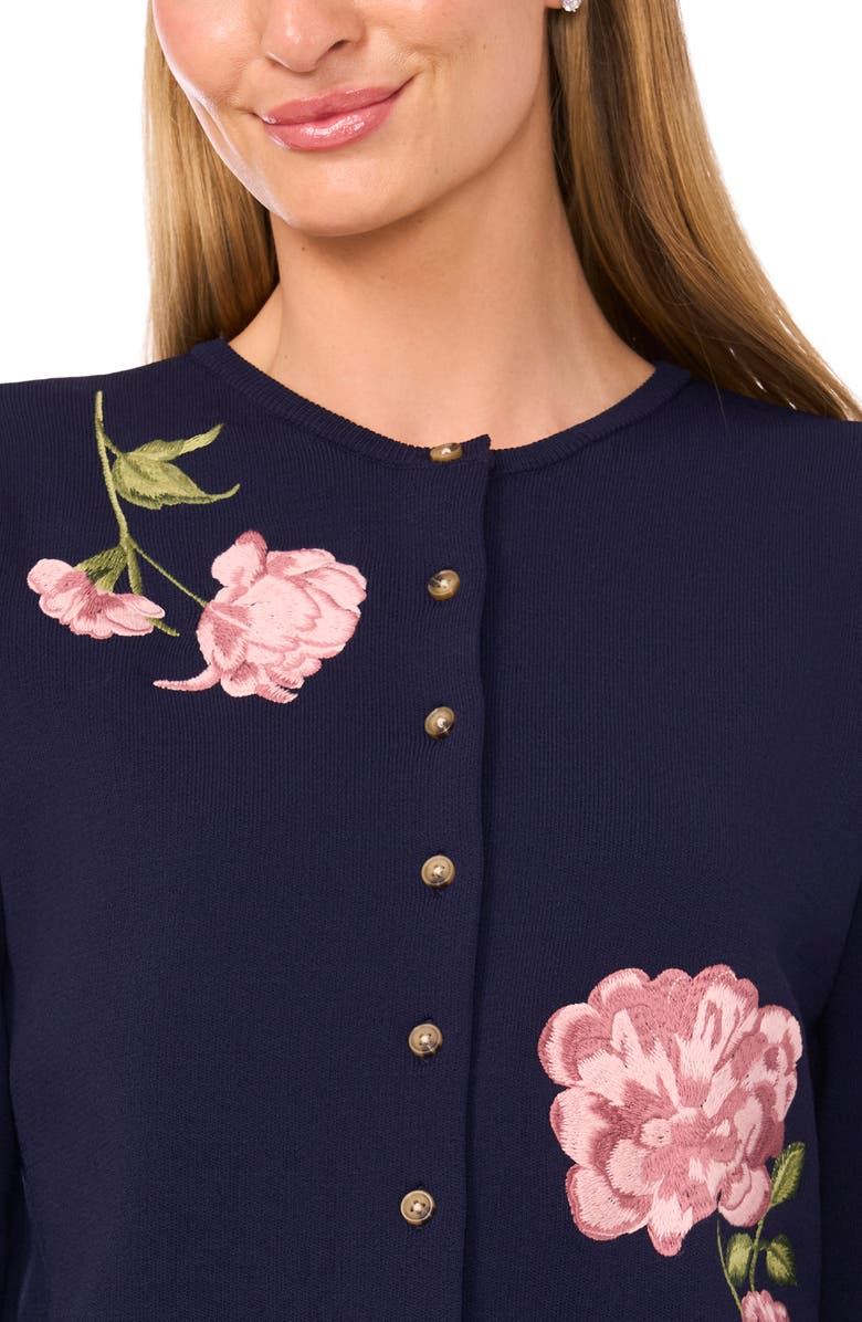 Ted Baker Placed Floral Embroidery Crewneck Cardigan, Alternate, color, Baritone Blue