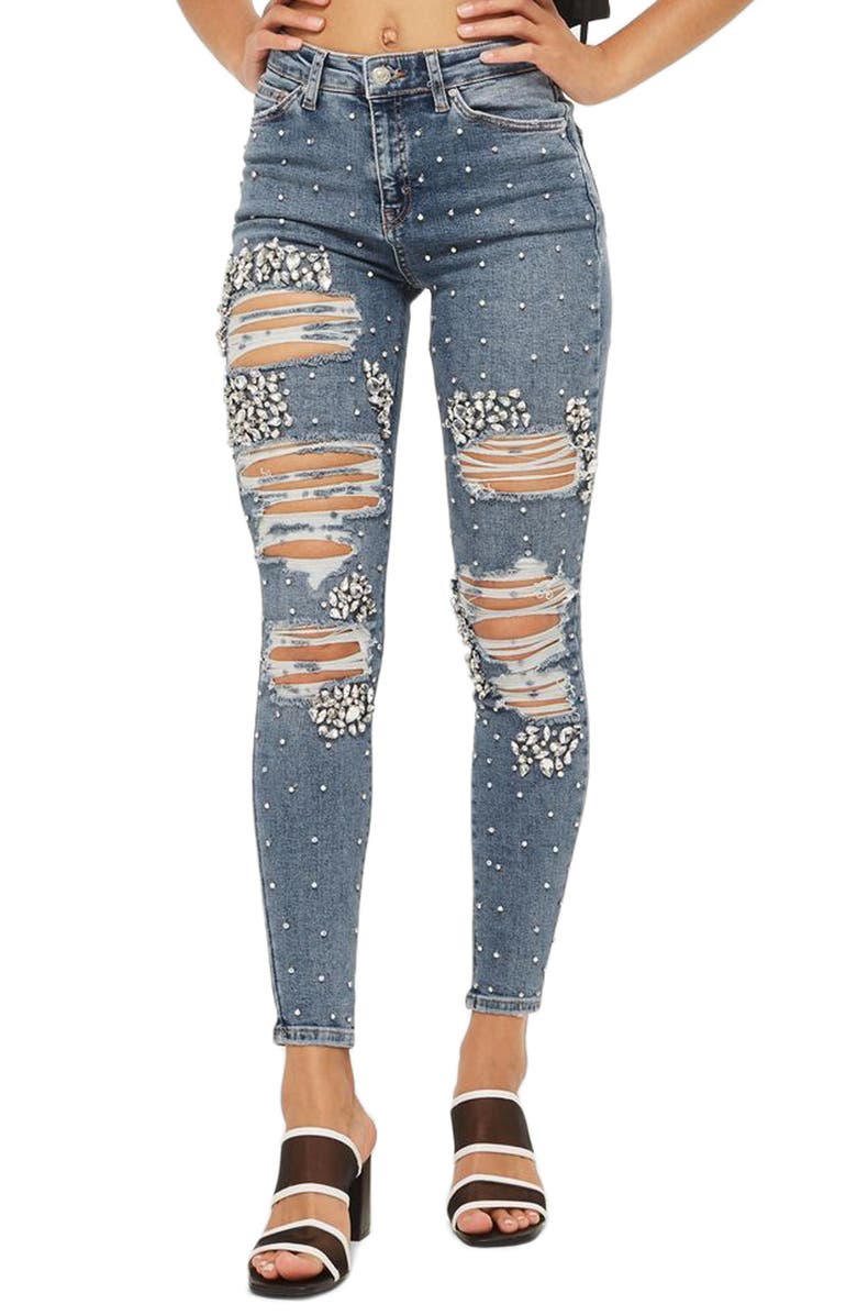 Topshop Limited Edition Jamie Gem Encrusted Skinny Jeans, Main, color, 