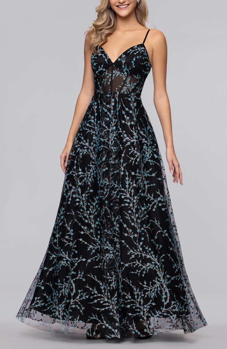 Blondie Nites Caviar Glitter Illusion Bodice Ballgown, Main, color, Black/ Aqua