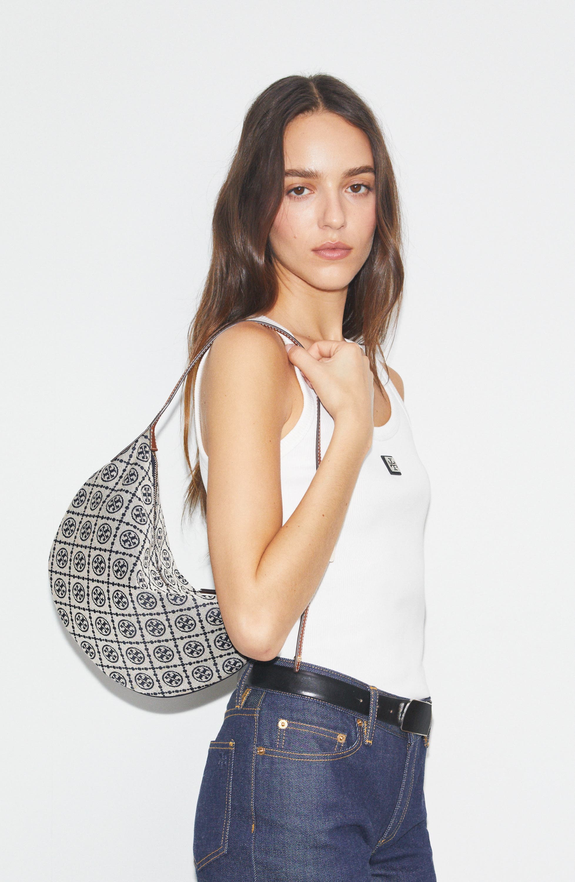 Tory Burch Small T Monogram Jacquard Balloon Bag, Alternate, color, Tory Navy