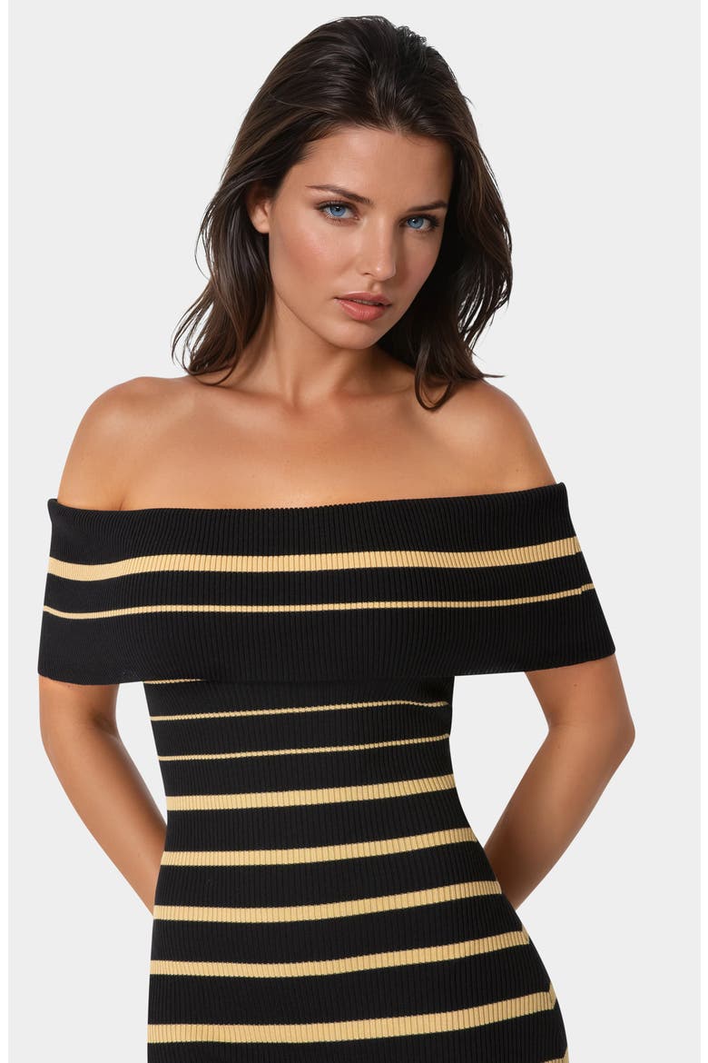 Stripe Off the Shoulder Ribbed Body-Con Dress, Alternate, color, BLACK