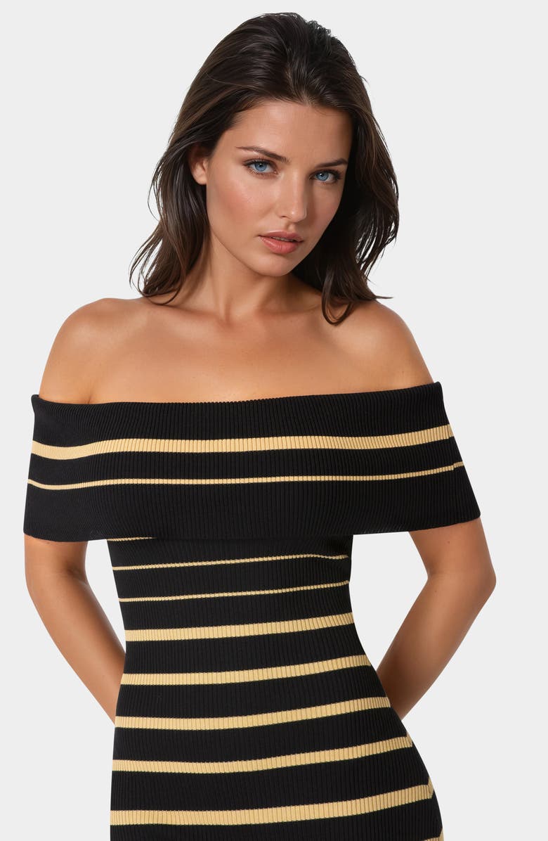 bebe Stripe Off the Shoulder Ribbed Body-Con Dress, Alternate, color, 