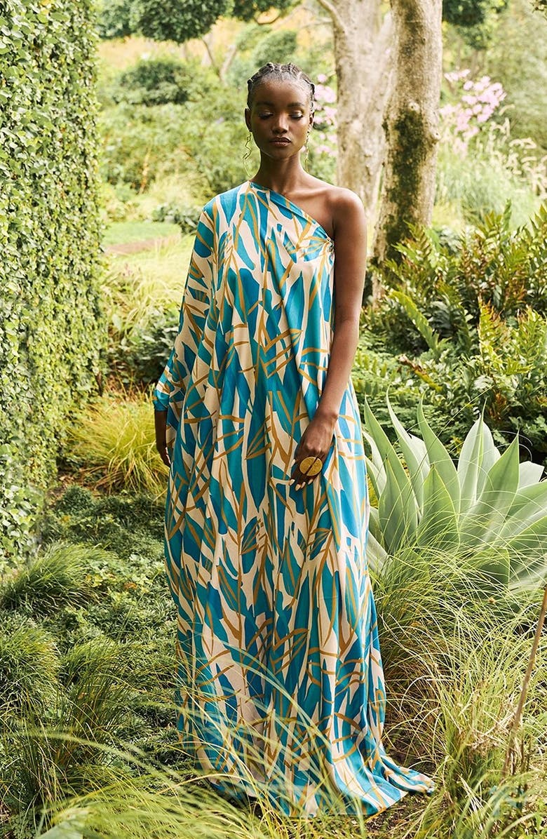 DIARRABLU Satu In Teal Blossom One-Shoulder Maxi Dress, Alternate, color,