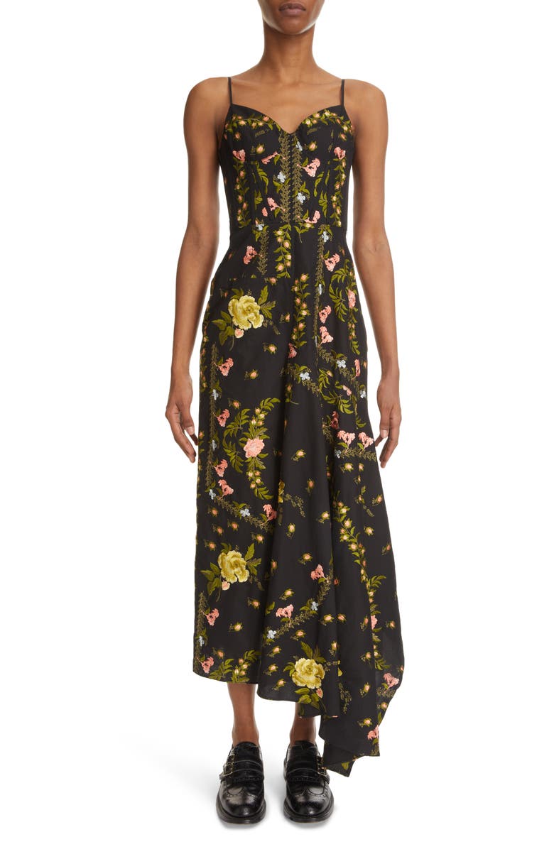 Erdem Samara Floral Embroidered Asymmetric Hem Midi Dress, Main, color, 