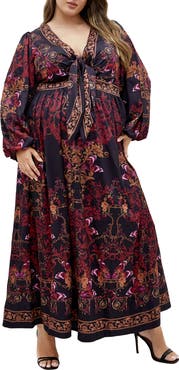City Chic Ivanna Scarf Print Long Sleeve Maxi Dress