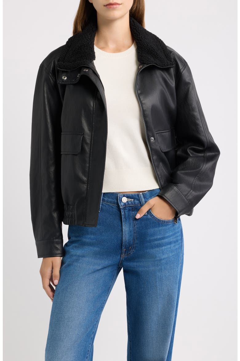 Faux Leather Stand Collar Bomber Jacket, Main, color, BLACK