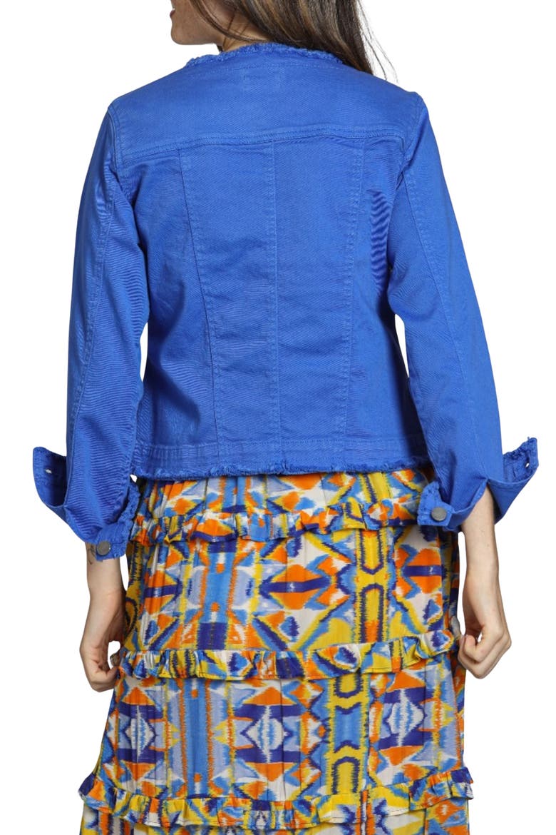 Frayed Collarless Denim Jacket, Alternate, color, DAZZLING BLUE