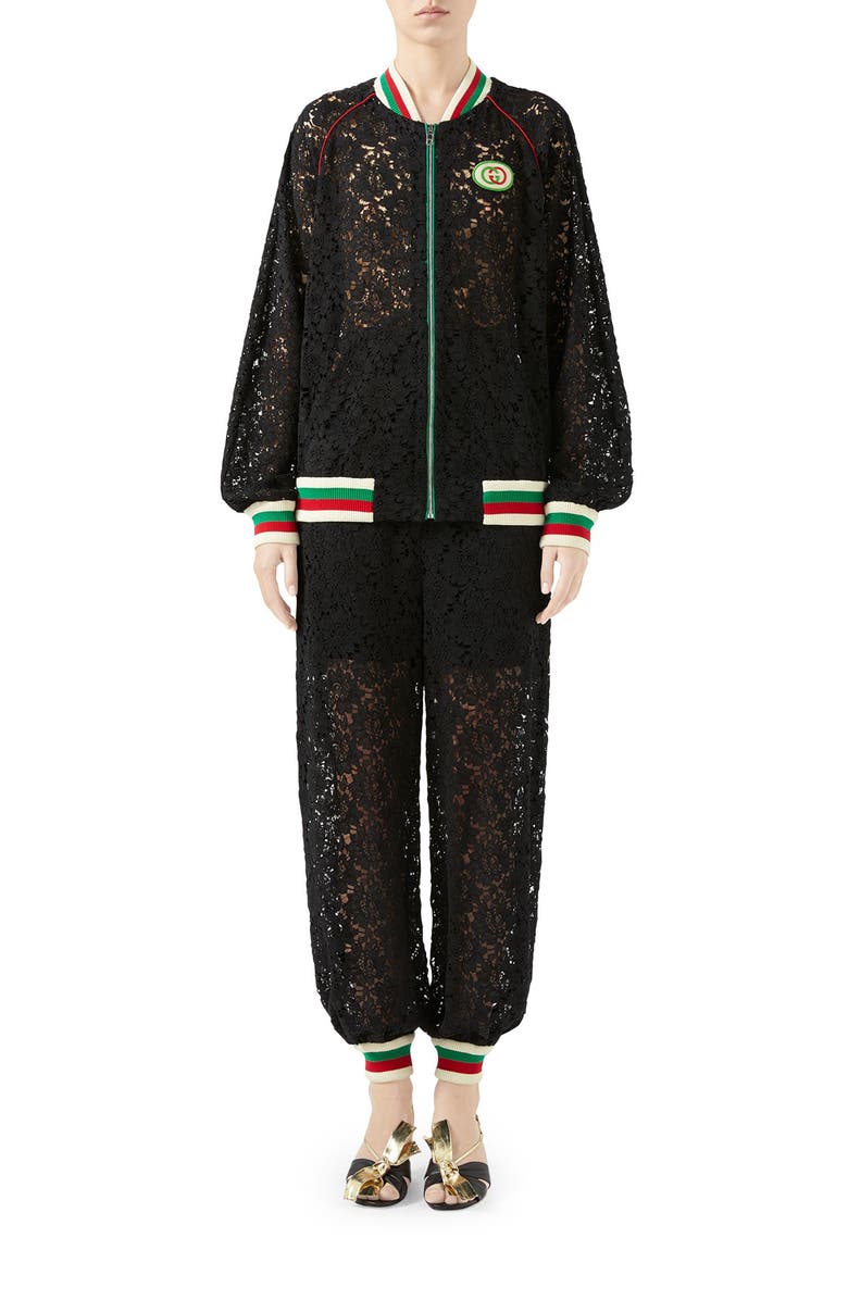 Gucci Interlocking-G Patch Lace Bomber Jacket, Alternate, color, 