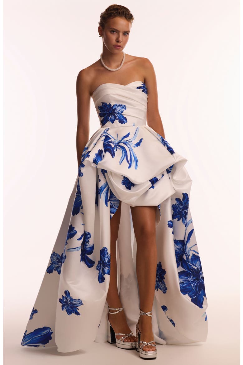 Strapless A-Line Floral Formal Occasion Maxi Dress in White & Blue, Alternate, color, White-Blue