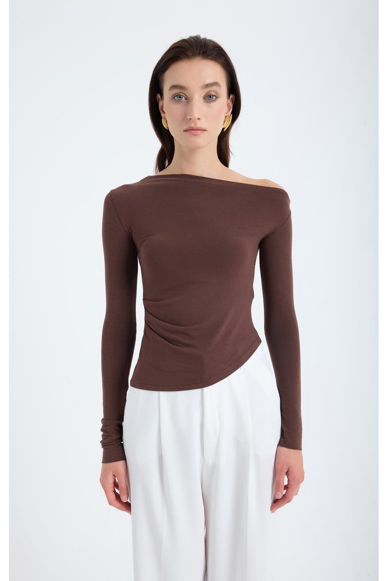 Aura One-Shoulder Draped Stretch Top, Alternate, color, Brown