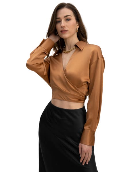 Pure Silk Blouse Wrapover Cropped Shirt