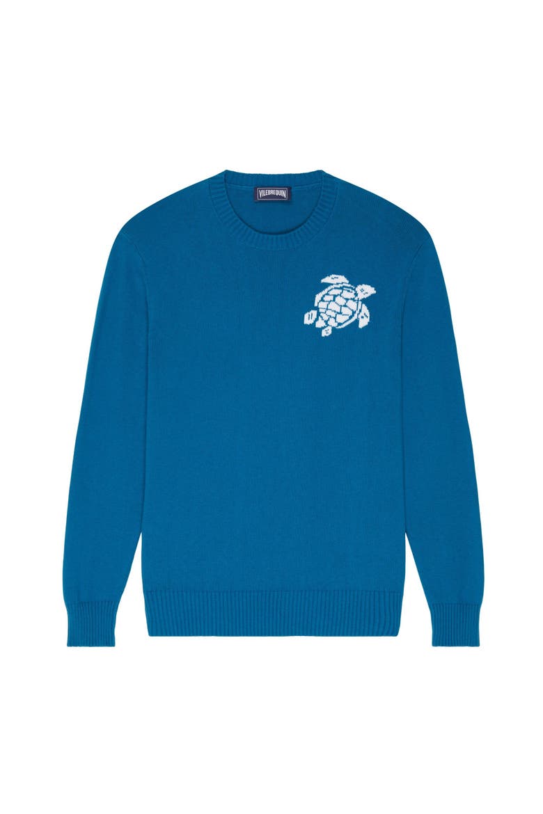 Crewneck Cotton Cashmere Sweater Turtle, Main, color, peacock