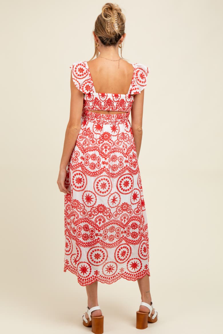 Embroidered Smocked Cutout Midi Dress, Alternate, color, Red