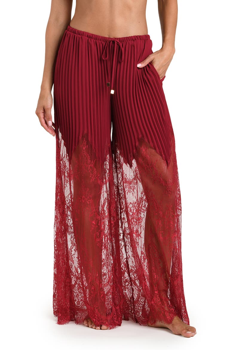 Sharon Lace Trim Cover-Up Wide Leg Pants, Main, color, BLACK CHERRY
