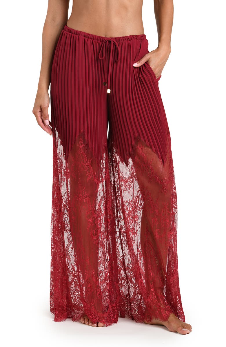 L'AGENCE Sharon Lace Trim Cover-Up Wide Leg Pants, Main, color, Black Cherry
