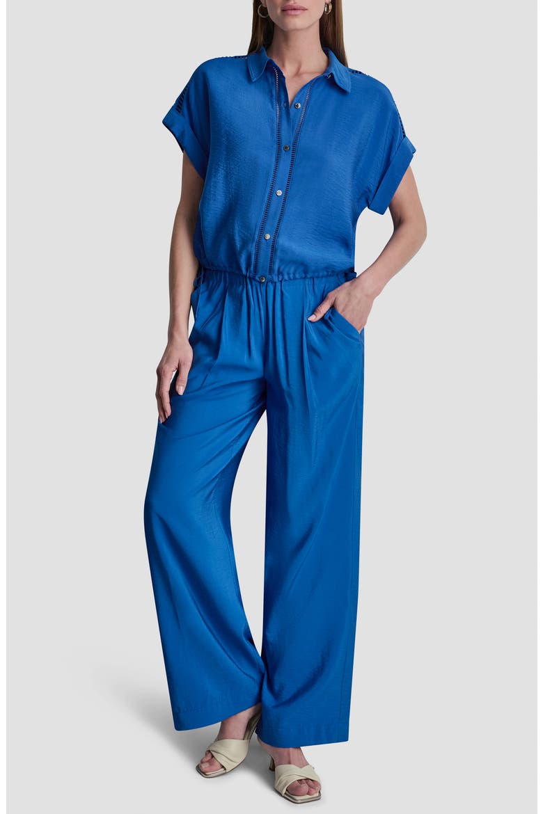 Ladder Lace Detail Short Sleeve Button-Up Shirt, Alternate, color, COBALT