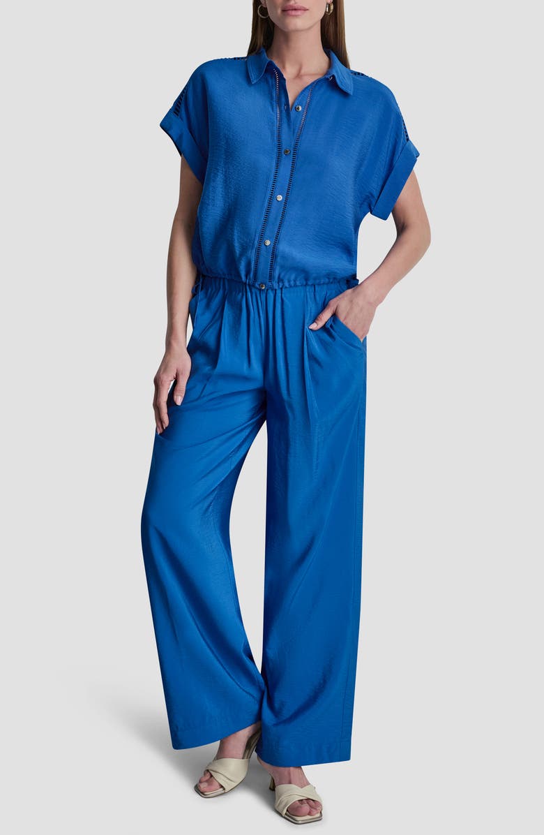 DKNY Ladder Lace Detail Short Sleeve Button-Up Shirt, Alternate, color, Cobalt